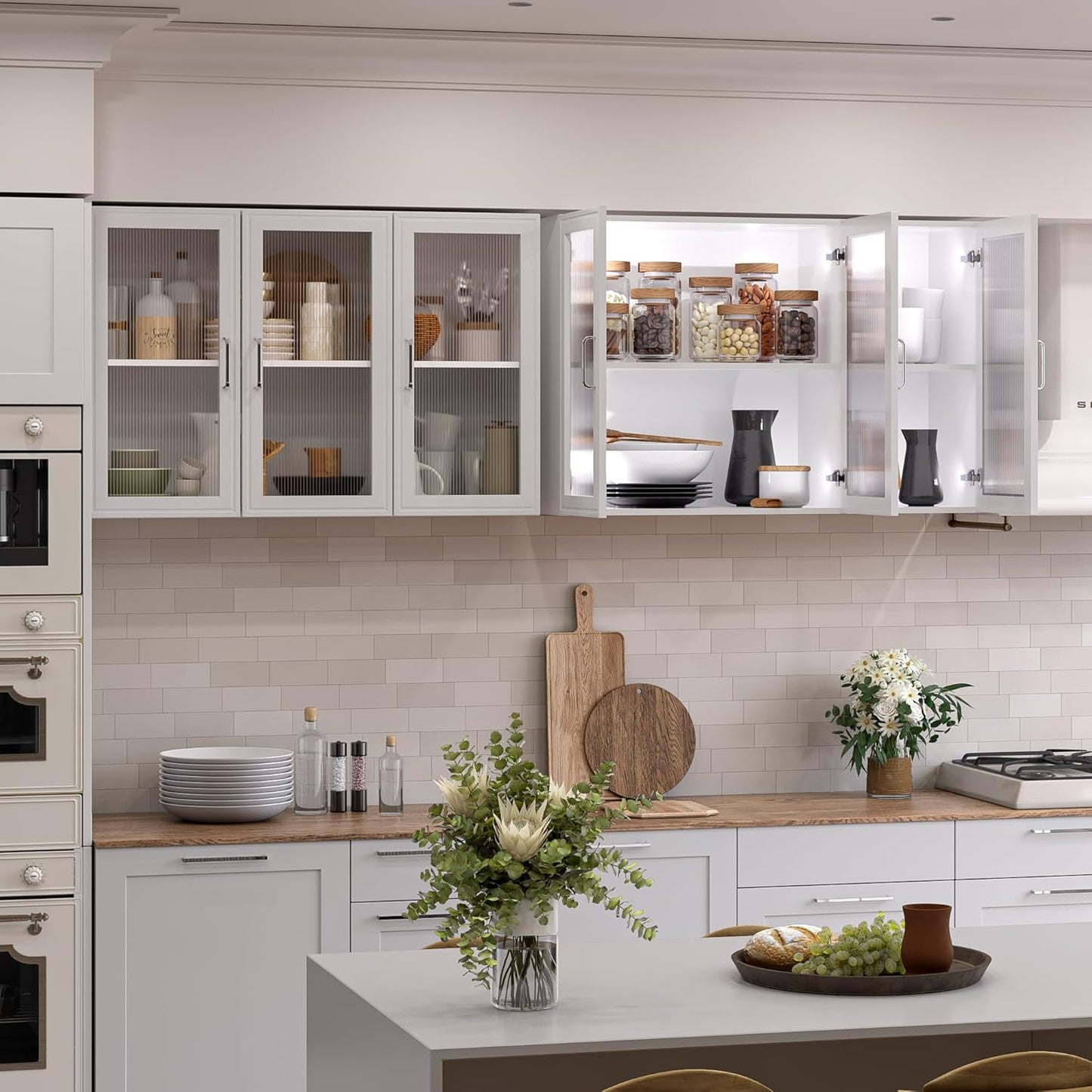 Wall Storage Cabinets - Led Upper Kitchen Laundry Wall Mounted Cabinets with Acrylic Glass 3 Doors and Shelves, 36'Wide