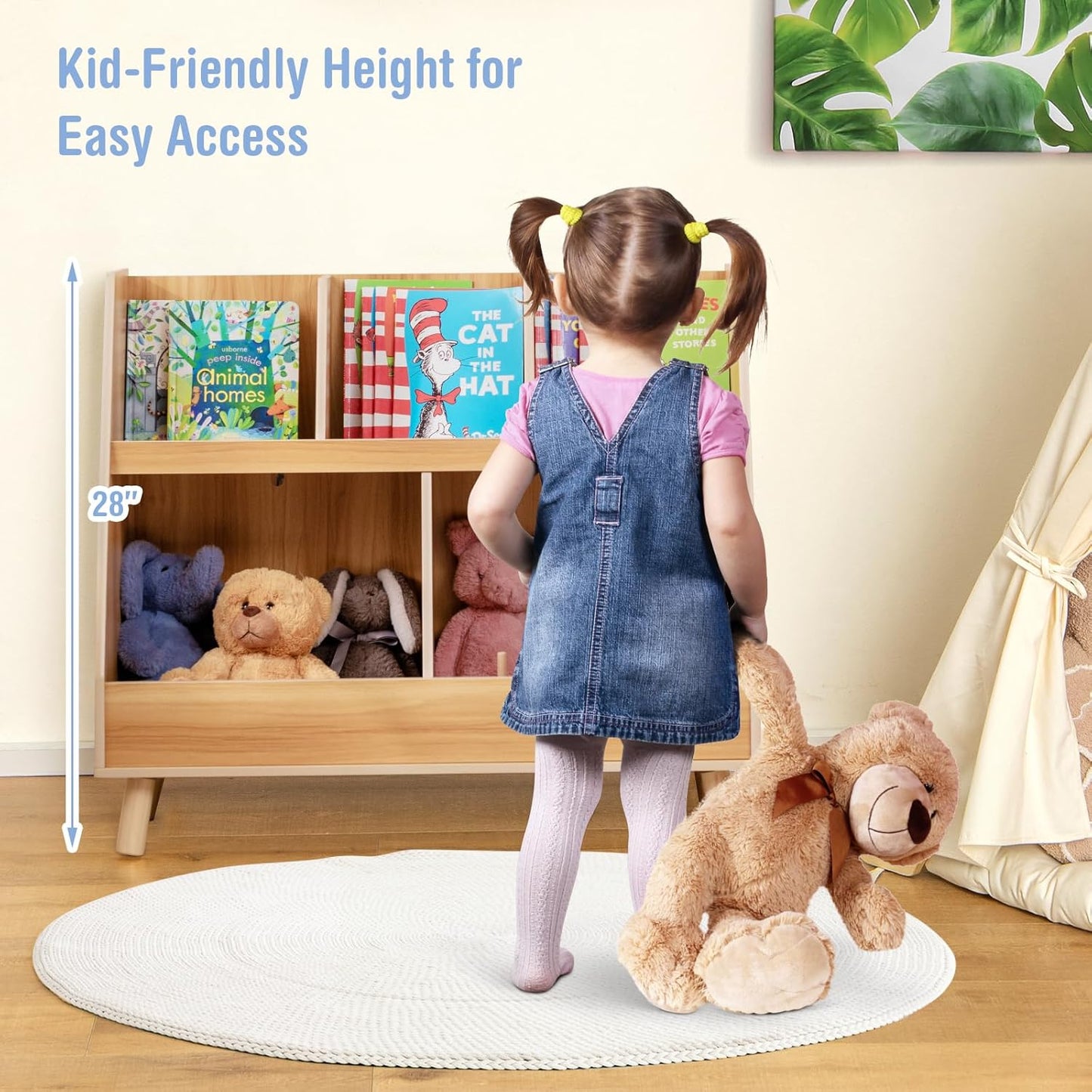 Toy Organizers and Storage with Bookshelf, 5 Cubbies Wooden Toy Cabinet and Montessori Bookcase with Solid Legs, Freestanding Display Toy Shelf for Kids Room, Playroom, Bedroom, Nursery