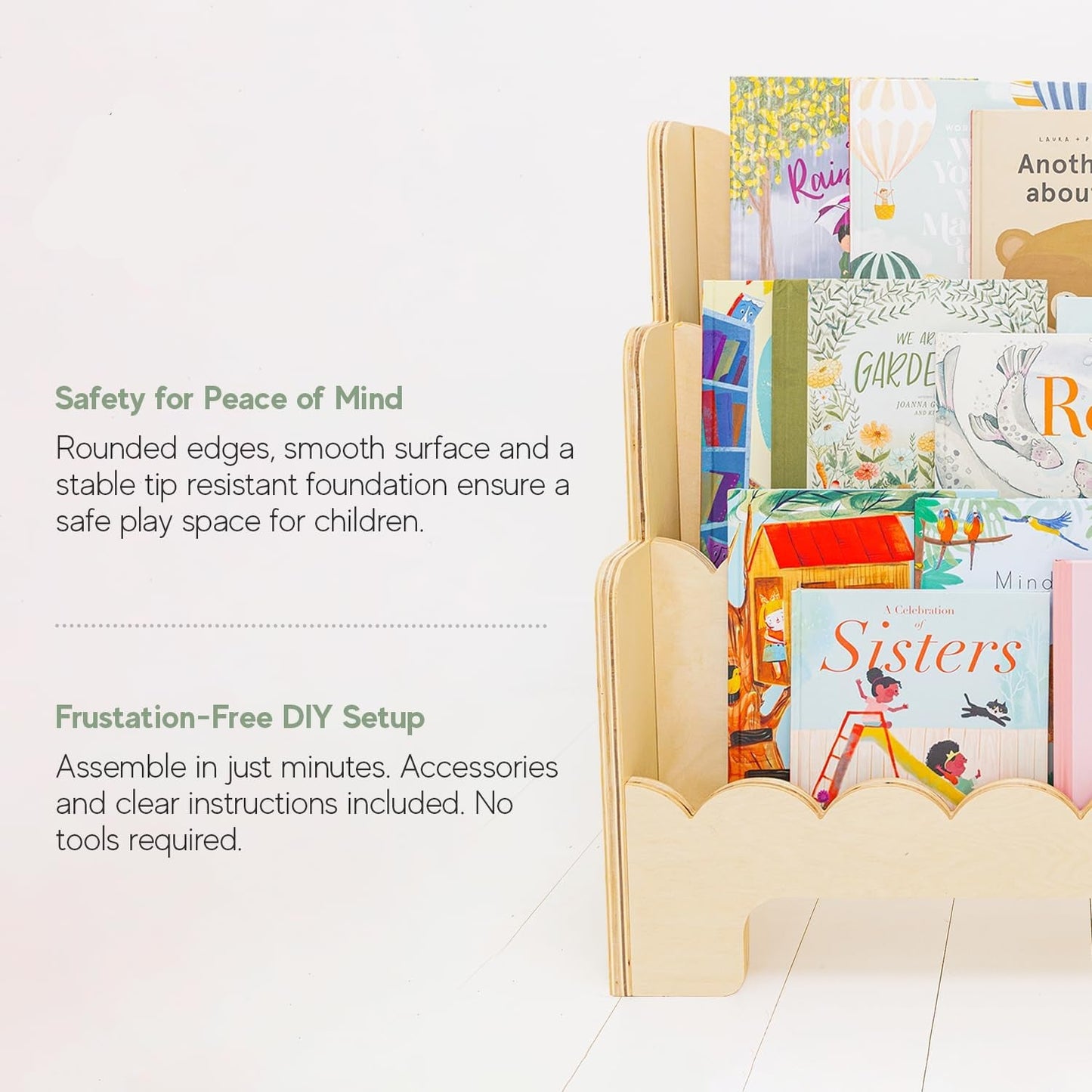 Wooden Kids Bookshelf W/Scalloped Edges - Perfect Height 3-Tier Montessori Bookshelf for Kids' Room or Playroom - Durable Childrens Bookcase