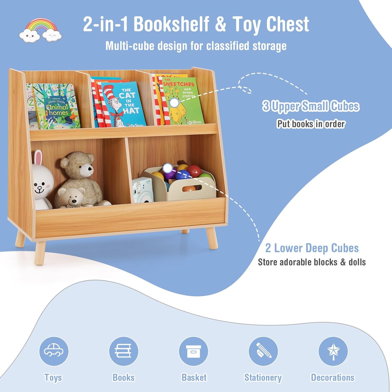Toy Organizers and Storage with Bookshelf, 5 Cubbies Wooden Toy Cabinet and Montessori Bookcase with Solid Legs, Freestanding Display Toy Shelf for Kids Room, Playroom, Bedroom, Nursery