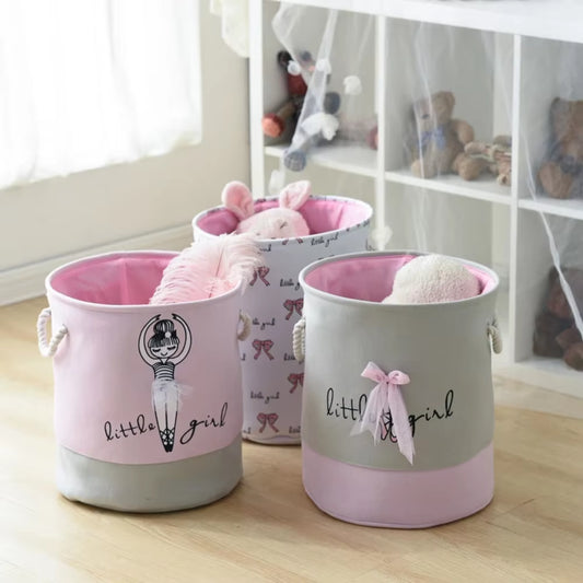 Collapsible Pink Bow Baby Girl Laundry Bakset with Handles Canvas Storage Basket for Toy Clothes Bedroom Nursery Laundry Hamper
