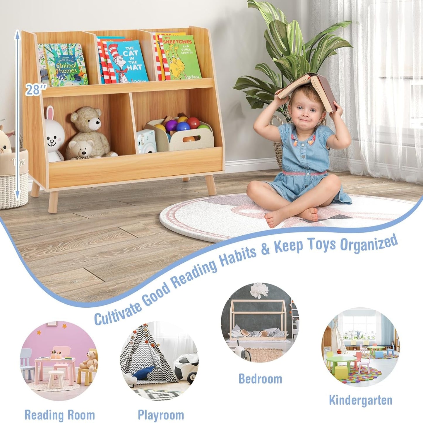 Toy Organizers and Storage with Bookshelf, 5 Cubbies Wooden Toy Cabinet and Montessori Bookcase with Solid Legs, Freestanding Display Toy Shelf for Kids Room, Playroom, Bedroom, Nursery