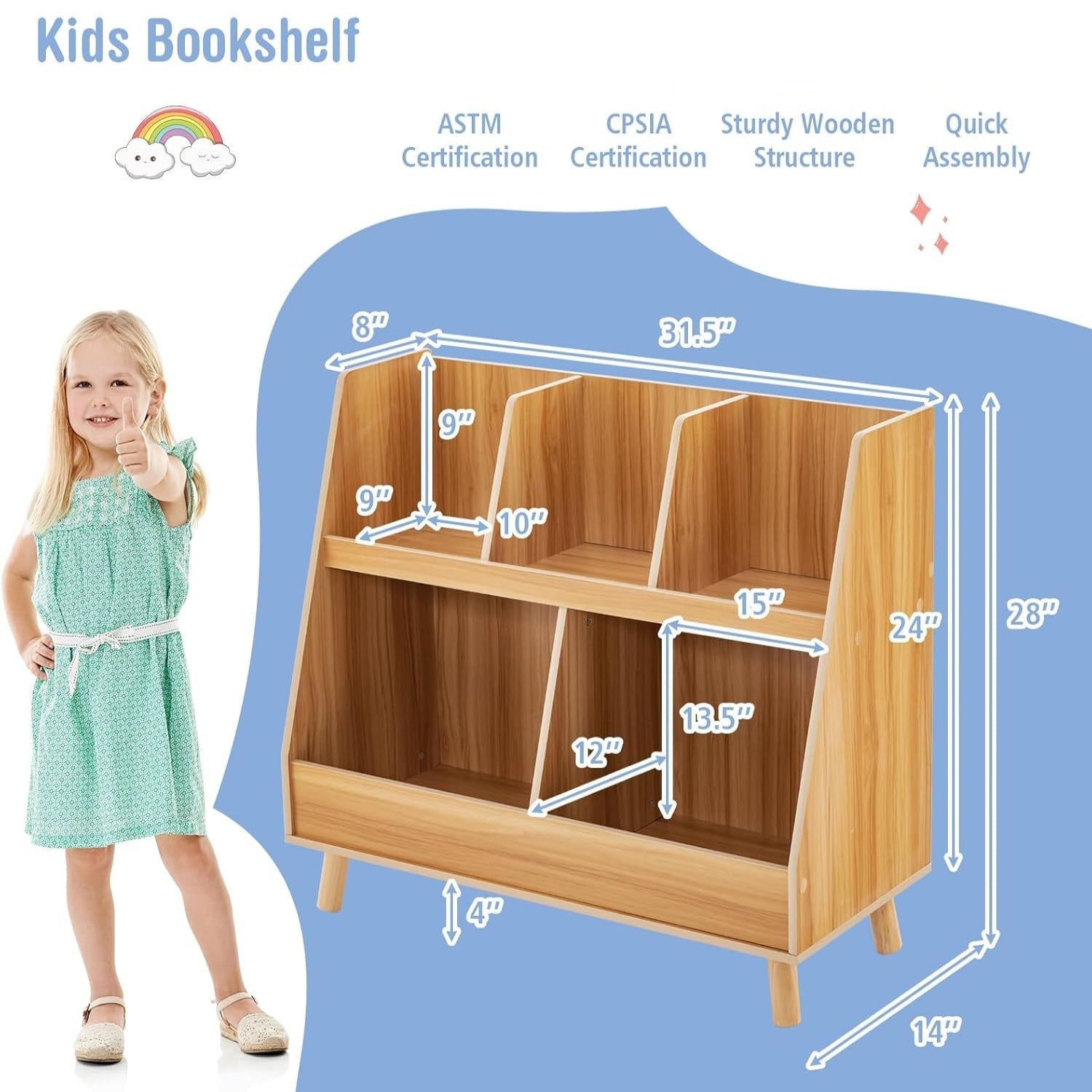 Toy Organizers and Storage with Bookshelf, 5 Cubbies Wooden Toy Cabinet and Montessori Bookcase with Solid Legs, Freestanding Display Toy Shelf for Kids Room, Playroom, Bedroom, Nursery