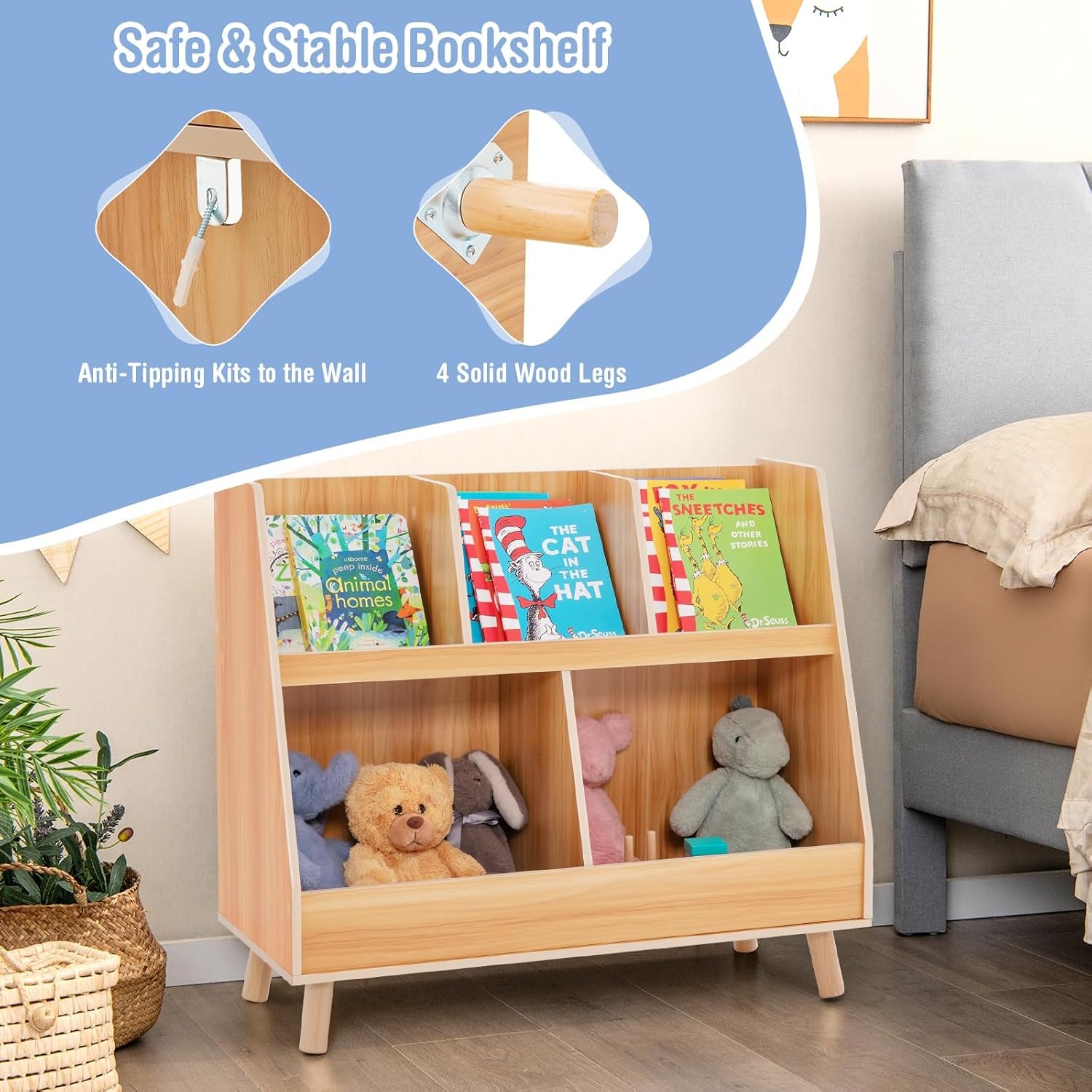 Toy Organizers and Storage with Bookshelf, 5 Cubbies Wooden Toy Cabinet and Montessori Bookcase with Solid Legs, Freestanding Display Toy Shelf for Kids Room, Playroom, Bedroom, Nursery