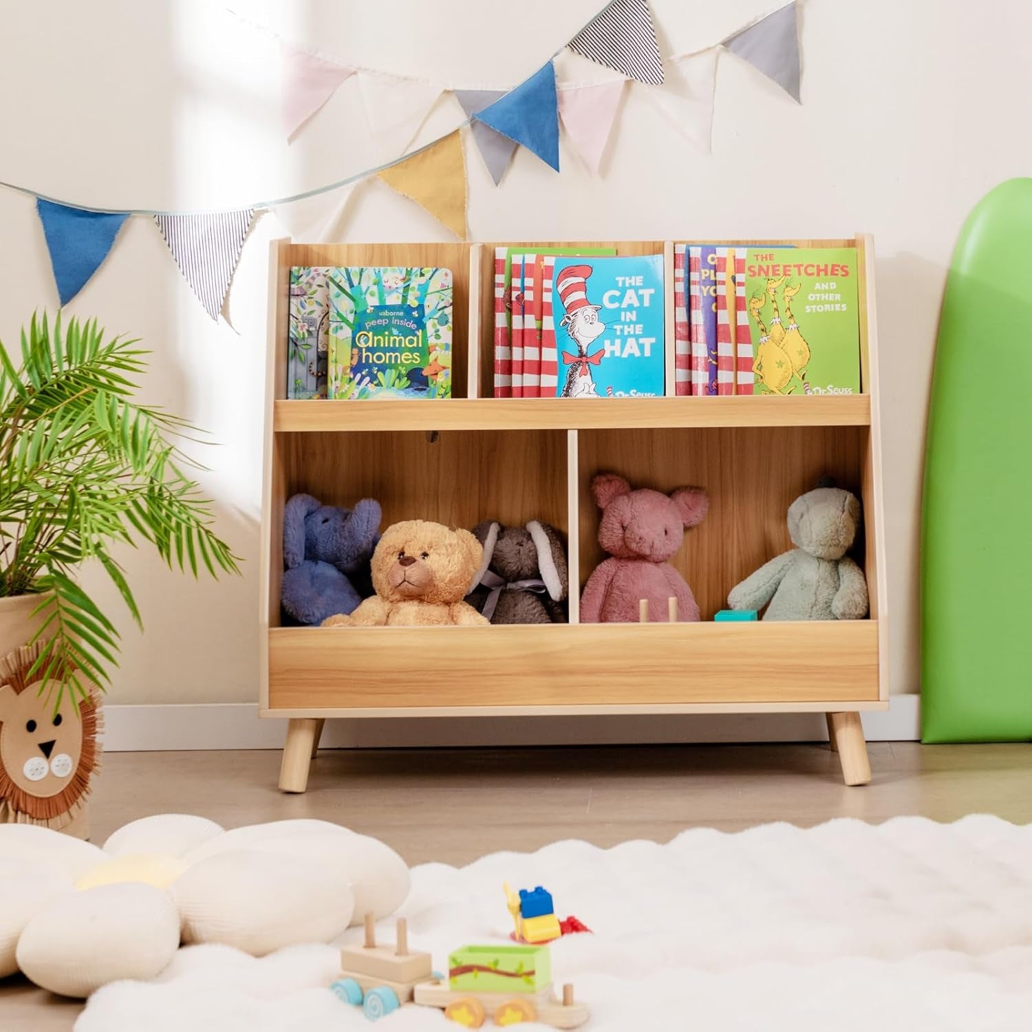 Toy Organizers and Storage with Bookshelf, 5 Cubbies Wooden Toy Cabinet and Montessori Bookcase with Solid Legs, Freestanding Display Toy Shelf for Kids Room, Playroom, Bedroom, Nursery