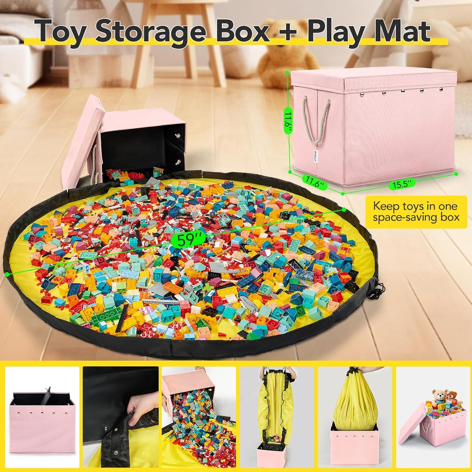 Kids Toy Box Chest Storage with Lid and Big Play Mat for Boys and Girls,Collapsible Fabric Toy Building Bricks Storage Container Organizer Bin with Rug for Playroom and Nursery Organization